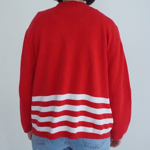 Vintage Crystal Kobe Red w White Stars Patriotic Flag Knit Button Up Cardigan Xl - Picture 3 of 11